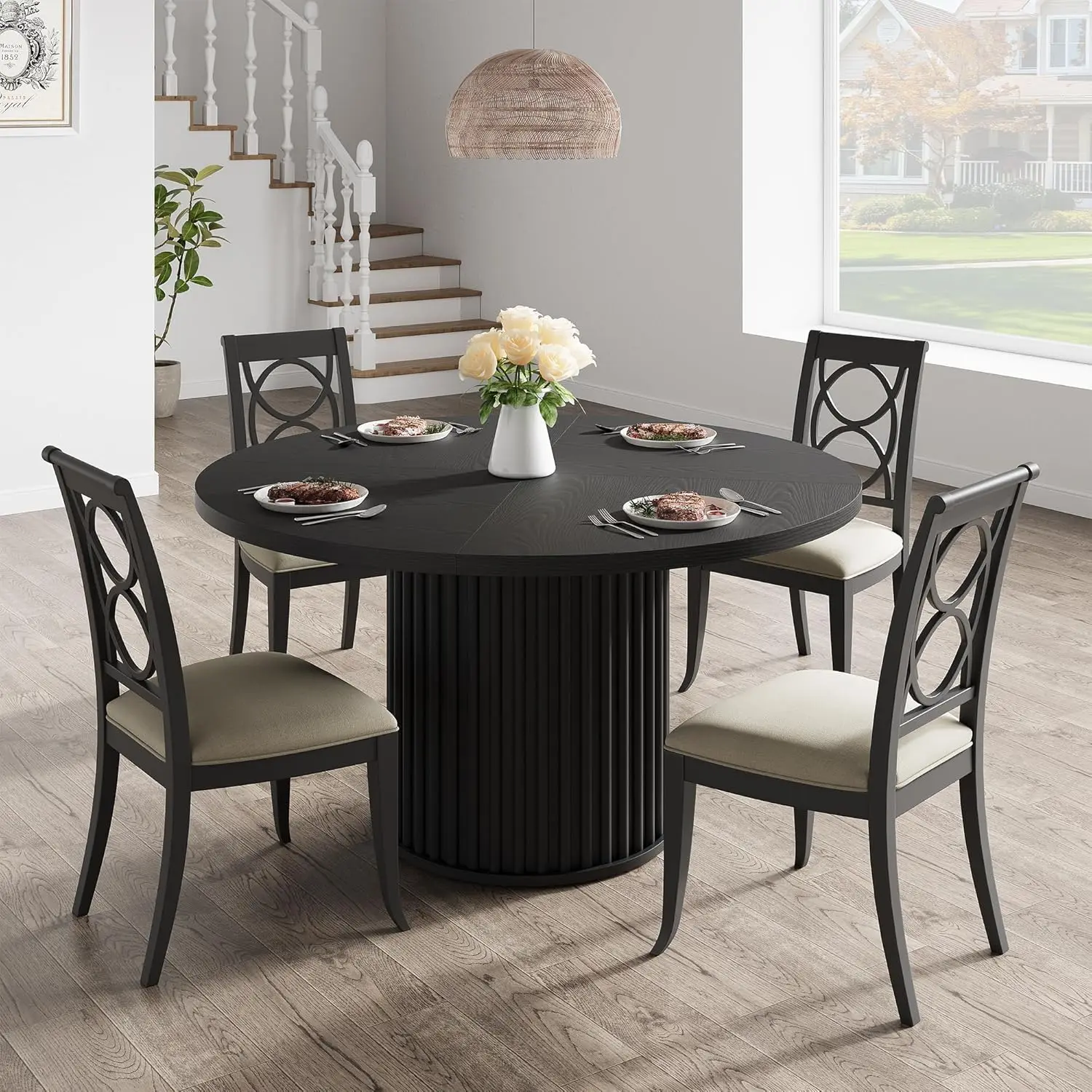 47 Inch Round Dining Table for 4-6 People with Sturdy Waveform Pedestal Base, Elegant & Textured Design, Spacious Round Tabletop, Industrial Circle Kitchen Table for Dining Room, Kitchen, Apartment