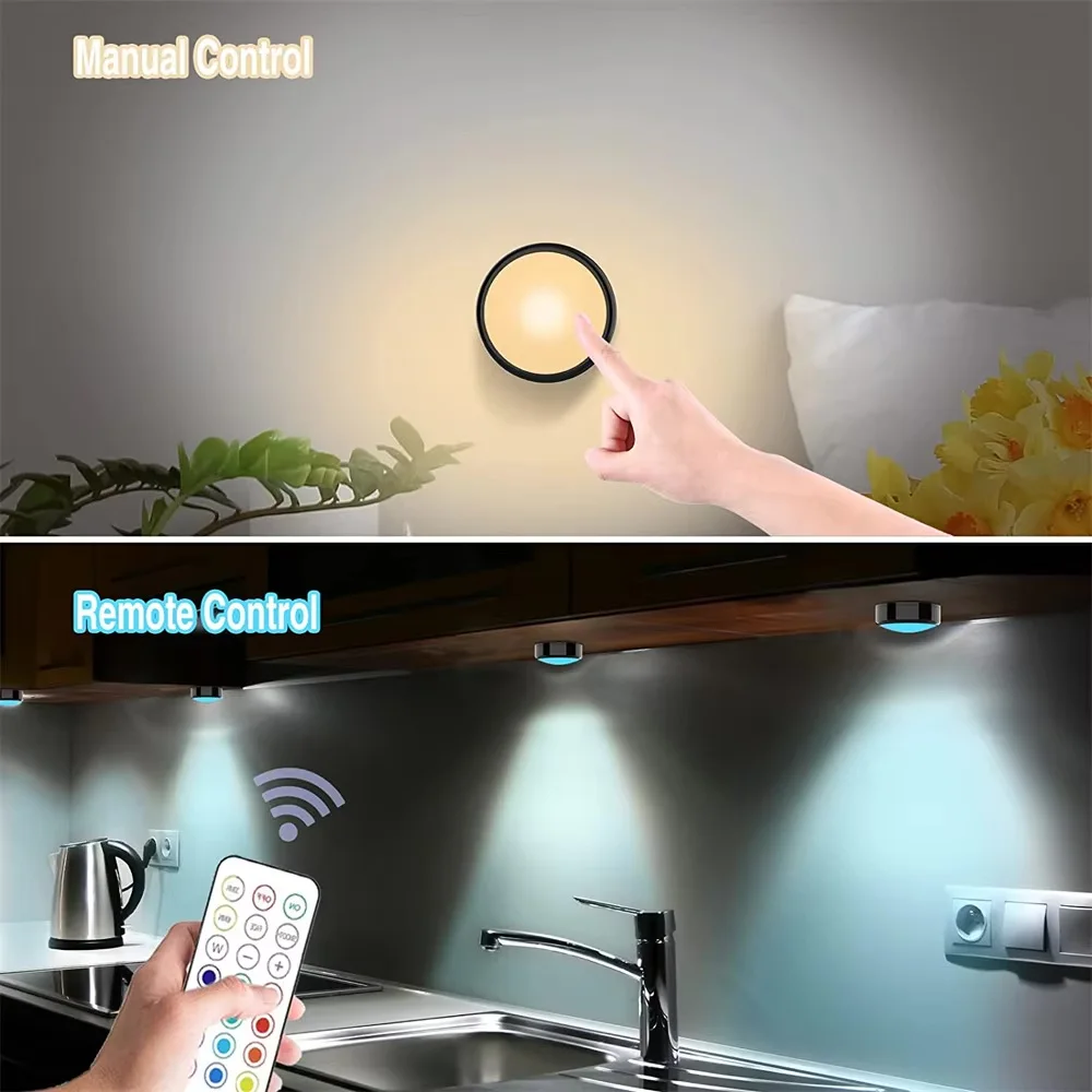 RGB Round LED Under Cabinet Closet Light Remote Control Dimmable Furniture Wardrobe Showcase Book Desk Lamp Wireless Push Lamp