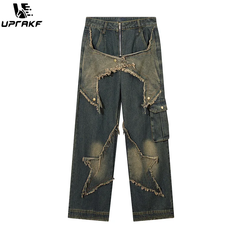 

UPRAKF Stars Aesthetic Jeans Y2K Vintage Streetwear Trousers Wide Leg Grunge Denim Pants Fashion