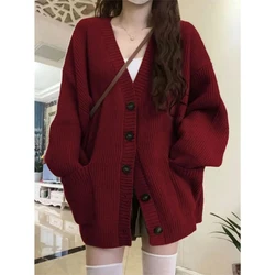 Simplicity Solid Color Knitting Cardigan Coat Women Autumn Winter V-neck Long Sleeve Sweater Sweet All-match Trend Knitwear Tops