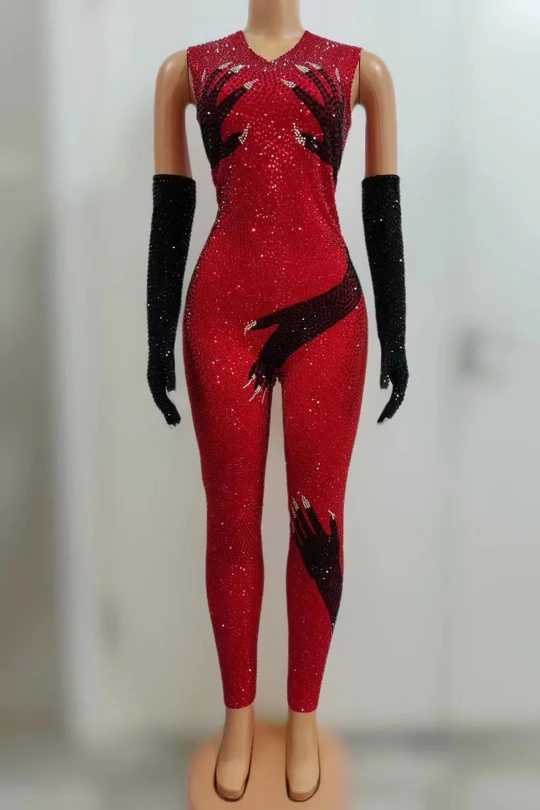 Show Girl Outfit   Luxurious Rhinestones Jumpsuit Gloves Set Women Evening Party Birthday Outfit Singer Dancer Performance Dance