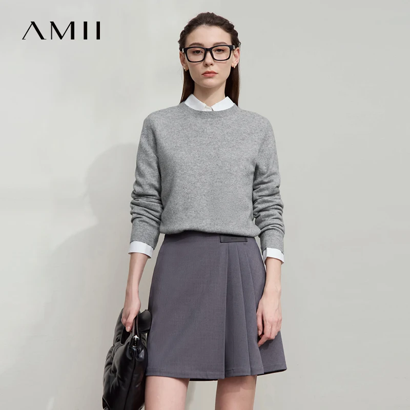 

AMII Sweater For Woman 2025 Winter New Knitted Wool Versatile Tops For Woman O-neck Long Sleeves Solid Ladies Sweater 12523167