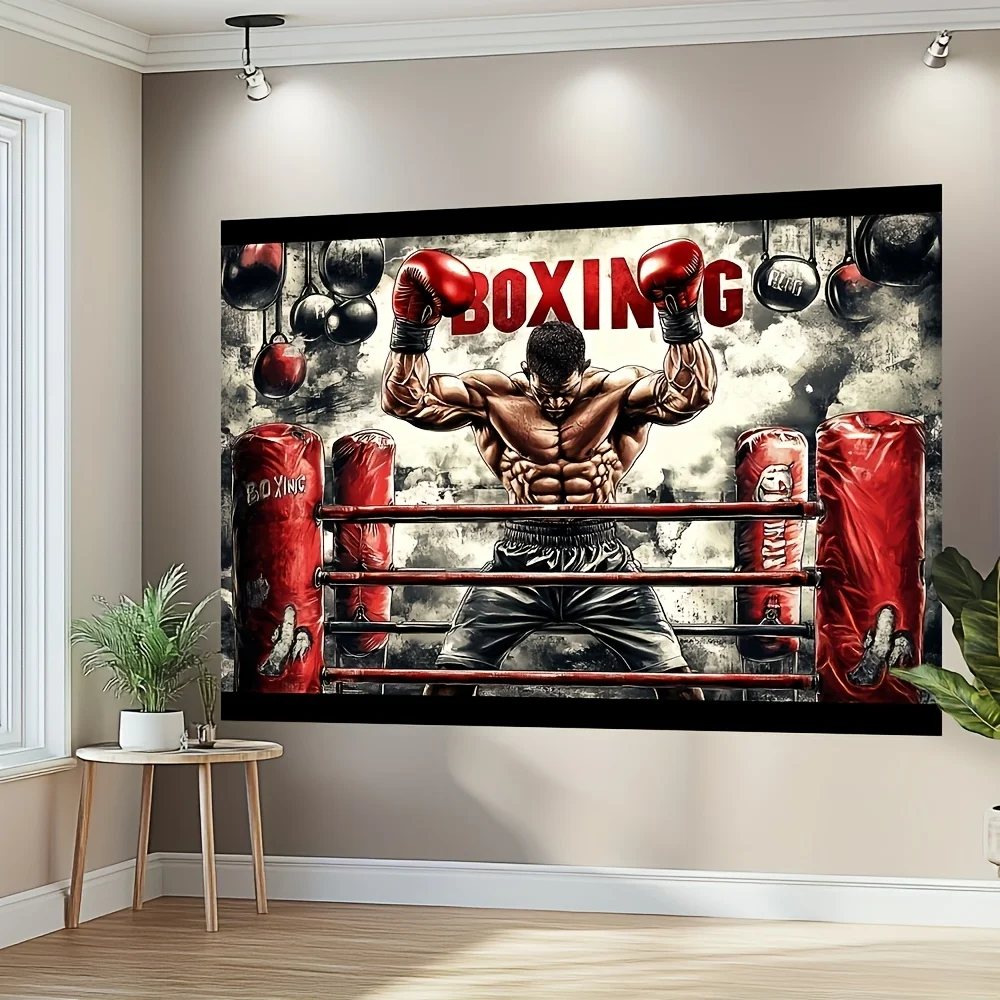 Boxing Gym Tapestry, Muscular Fighter & Red Gloves Art, Heavy Bag Wall Hanging, Motivational Sports Decor, Man Cave Bedroom