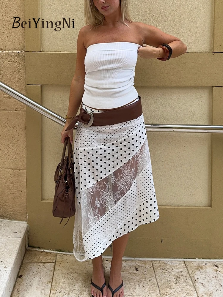 Beiyingni الدانتيل تقسم غير النظامية ميدي التنانير النساء النقاط المطبوعة شيك Y2K الأبيض ألف خط تنورة الإناث الكشكشة عادية الرجعية Faldas