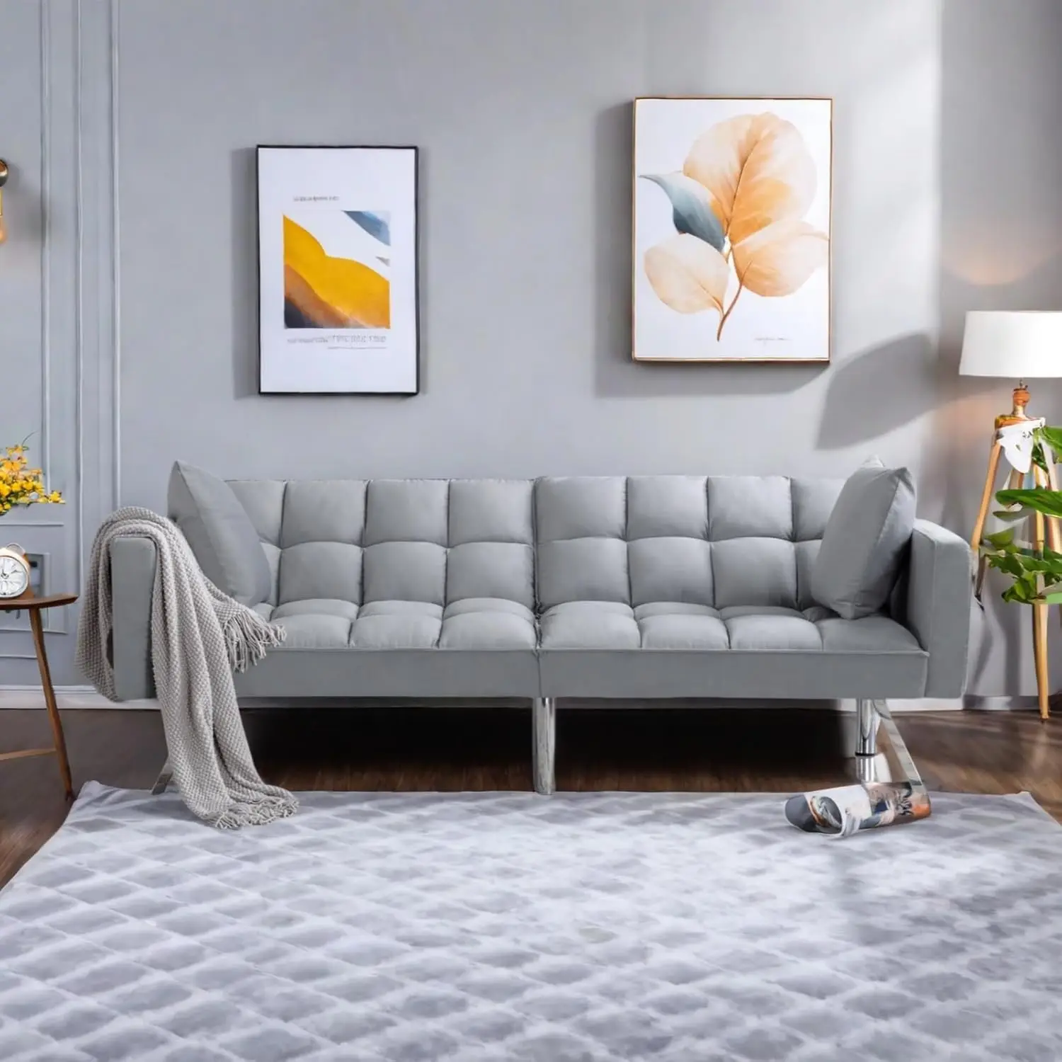 

Futon Sofa Bed, 74" Convertible Sofa Couch with Adjustable Backrest and Pillows, Sleeper Couch Bed with Velvet Upholstery, Squar