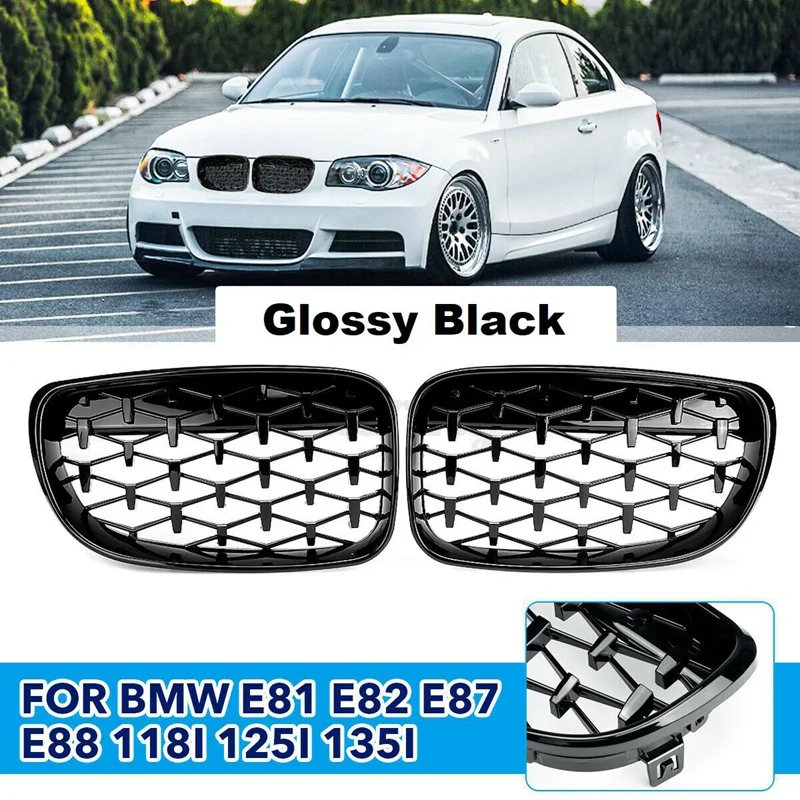 2X Front Kidney Diamond Meteor Grille Grills For -BMW 1 Series E81 E82 E87 E88 LCI 2007-2013 Racing Grills Gloss Black