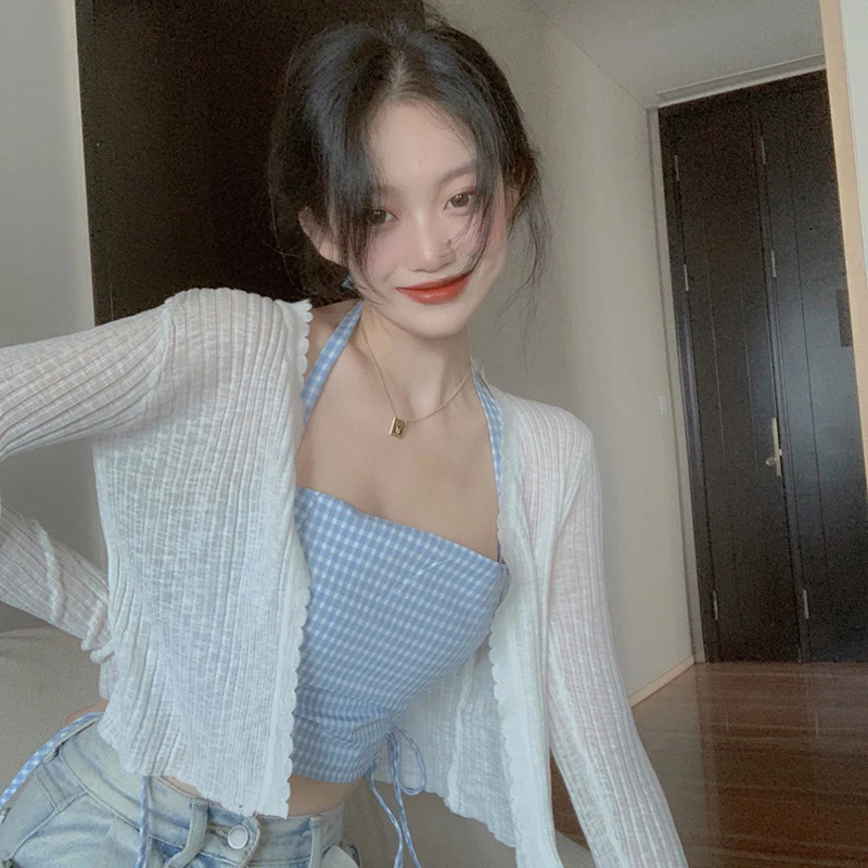 White Ice Silk Thin Summer Knitted Cardigan Women's Short Outerwear Air Conditioned Sleeveless Shawl V-neck Button Detail