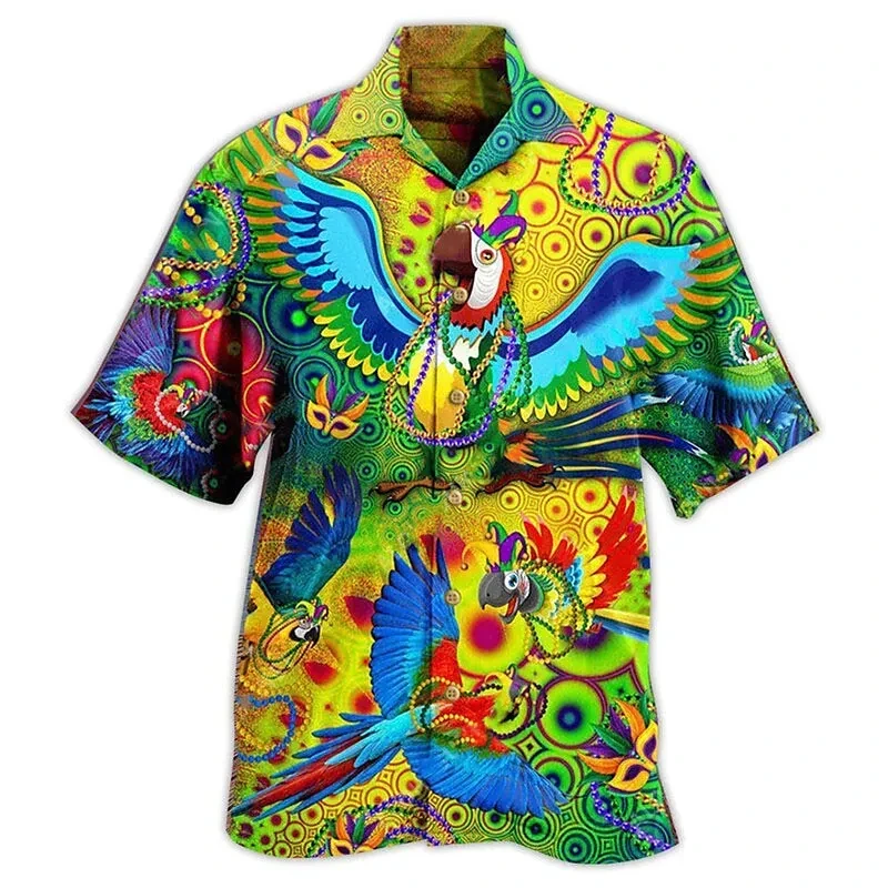 Hawaiian Beach Parrot Graphic Shirts For Men Clothing Fashion Hawaii Coconut Tree Animal 3D Printed Short Sleeve Vacation Tops