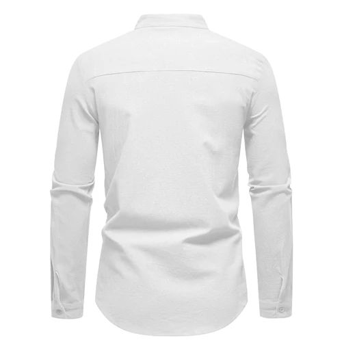 Imagen 2 del producto Cárdigan de moda de algodón puro para hombre, camisa informal de Color sólido con cuello levantado y manga larga de primavera