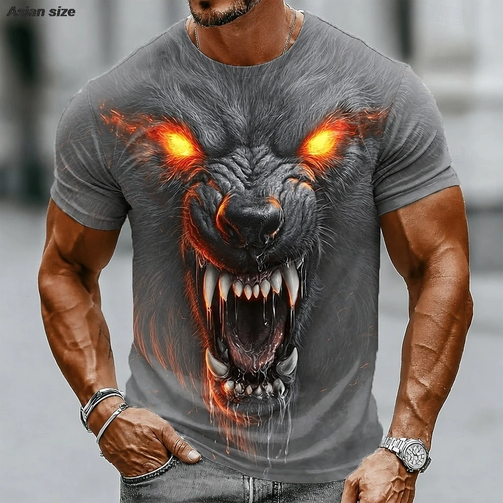 Men Round Neck Short Sleeve T Shirt 3D Print Angry Wolf Head Glowing Eyes Graphic Casual Tee