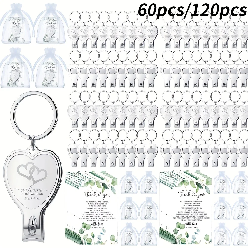 

Gift for Her/Him 60pcs/120pcs Party Keychain Gift Bags, Wedding Guest Favors with Multi-Functional Bottle Opener, Nail Clipper, and Thank You Card in White Organza Bags, Wedding Party Supplies, Great Bridal Gift
