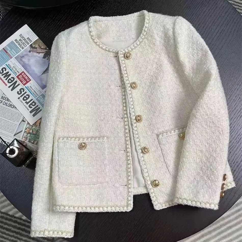 Women\'s Jacket New Small Fragrance Coat 2024 Autumn Winter Korean Fashion Off White French Short Style Tweed Tops