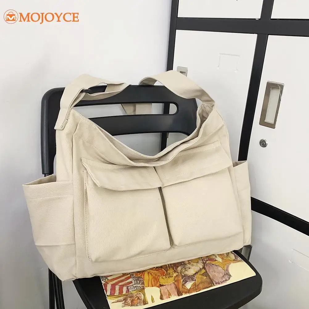 Women Crossbody Bag Large Capacity Canvas Simple Messenger Bag Adjustable Strap Multi-compartment Daily Shopping Travel