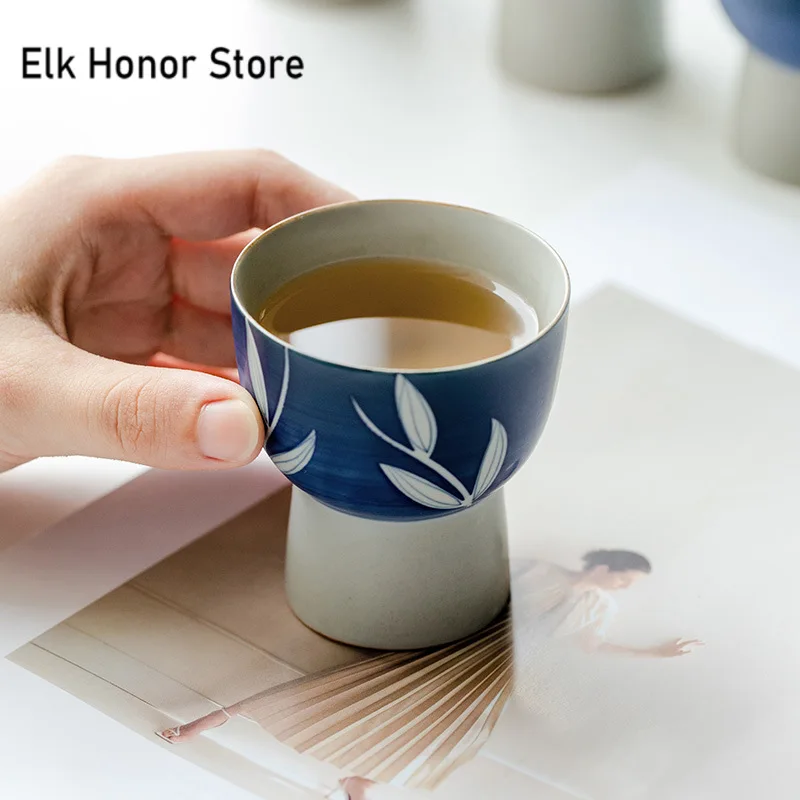 80ml Pure Hand-painted Peony Ceramic Tea Cup Boutique High Foot Cup Master Single Cup Household Tea Bowl Kung Fu Tea Drinkware