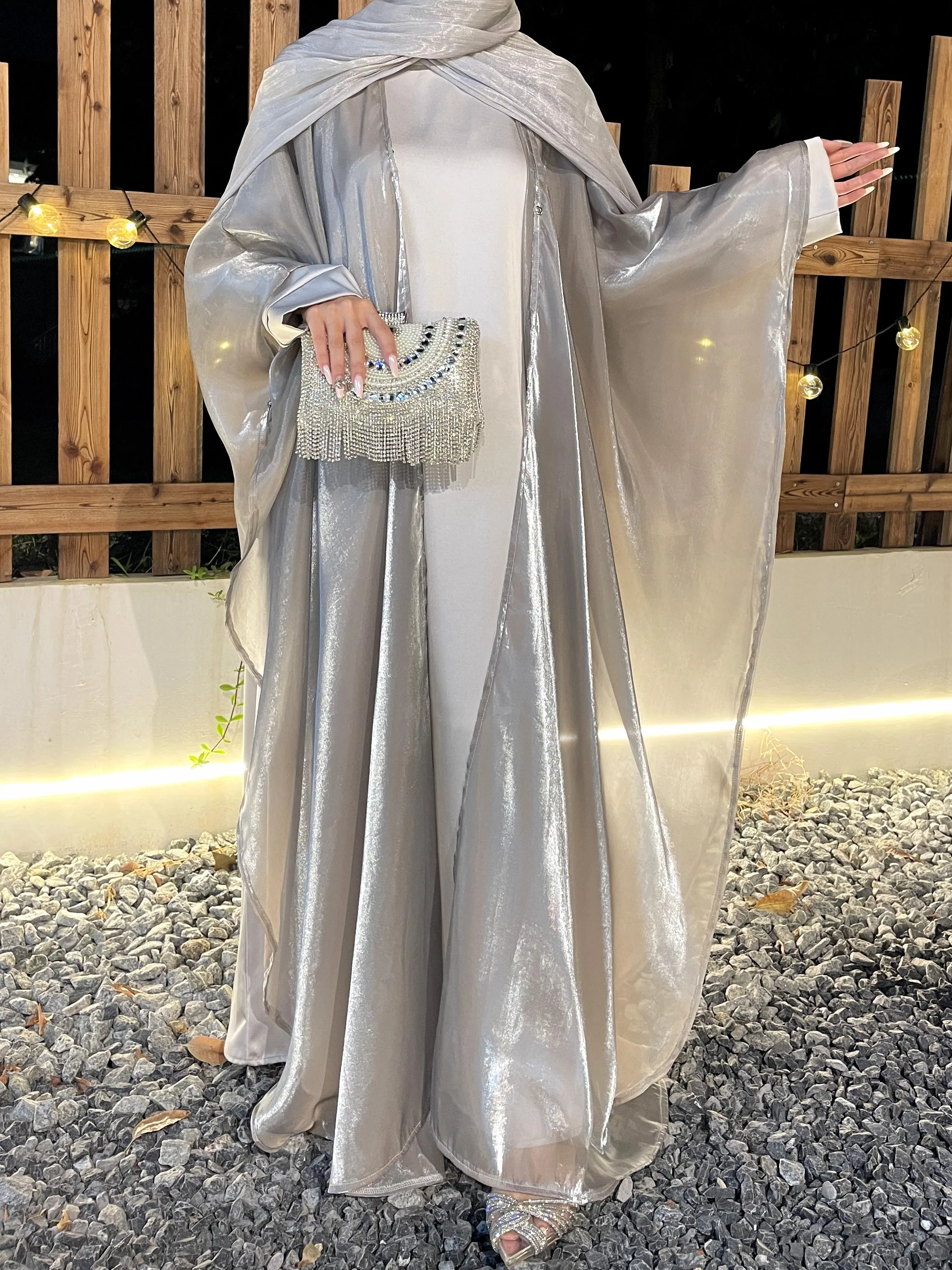 Cross-border foreign trade women's Muslim clothing Abaya solid color organza suit simple shawl outer skirt suit