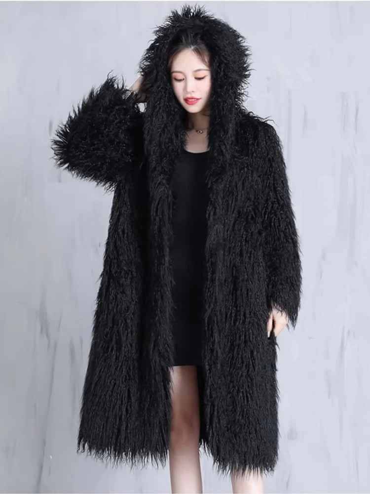 Nuevo Abrigo largo de lujo con capucha para mujer, abrigo holgado peludo de piel sintética de manga larga, abrigo grueso y esponjoso para invierno, gabardina informal