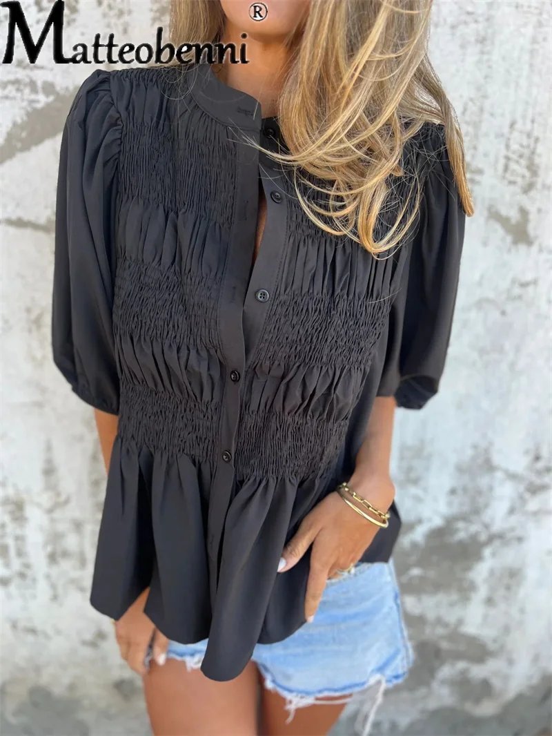

Fashion Elegant Solid Color Button Pleated Shirt Women Summer Short Sleeve Blouse Female Comfortable Casual Simple Style Tops
