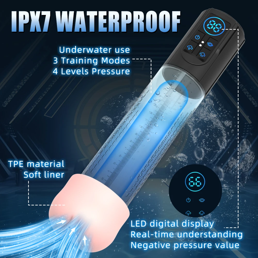 男性用防水電動ペニスポンプ,拡大用真空ポンプ,4つの吸引レベル,2つのシリコンスリーブ,ipx7