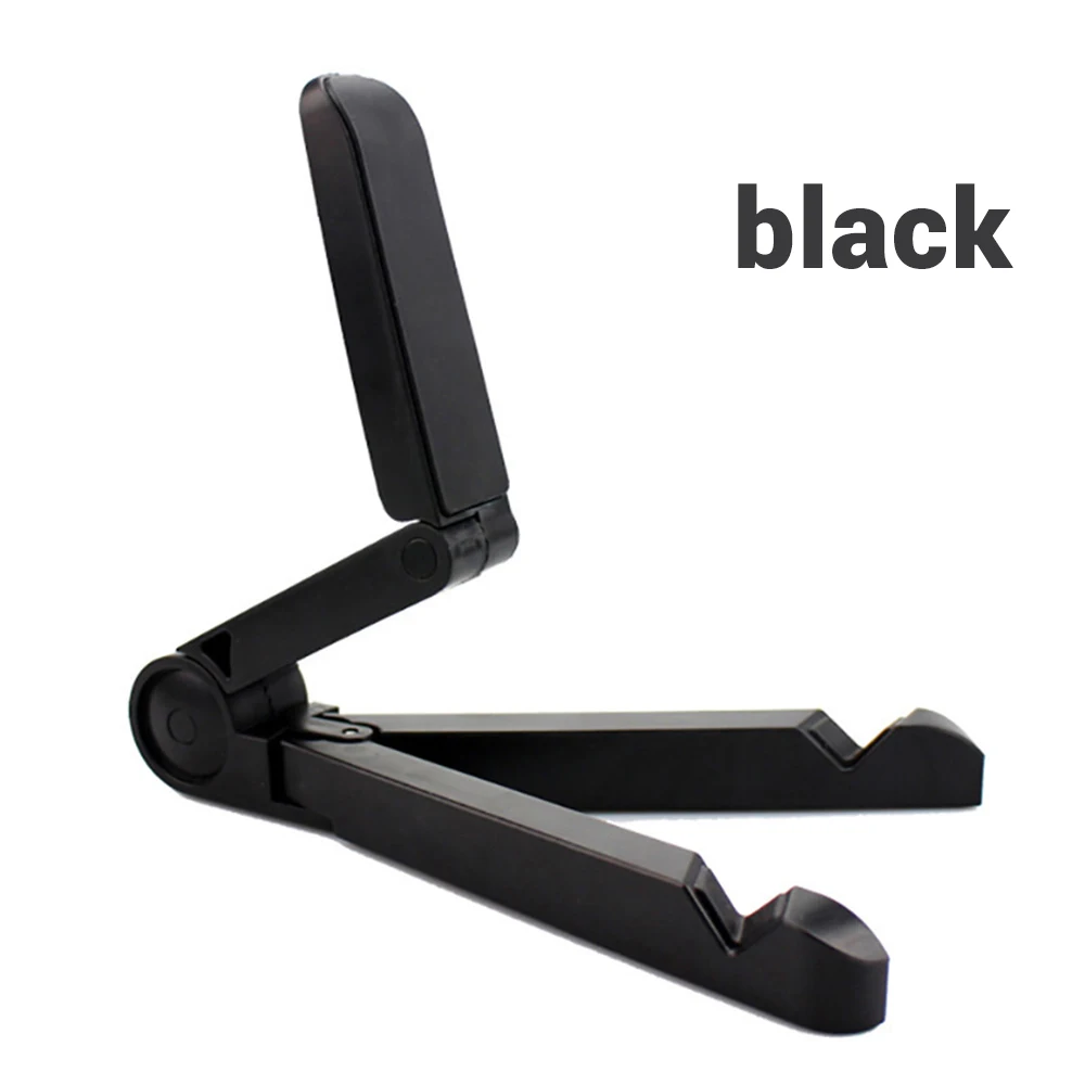 Black foldable phone stand with adjustable feature and smooth plastic finish designed as a sleek minimalist desktop mount for tablets and phones.