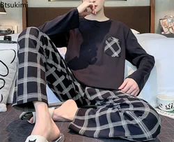 New Men's Cotton Pajama Sets Round Neck Patchwork Pullover+Pants Sleepwear 2PCS Sets Spring Autumn Casual Men's Home Clothes 4XL