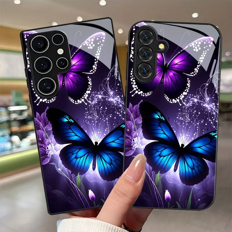 Blue butterfly pattern Tempered Glass Phone Case For Samsung Galaxy S26/25/24/24/23/22 FE PLUS Edge Ultra 5G A52 Lens protection