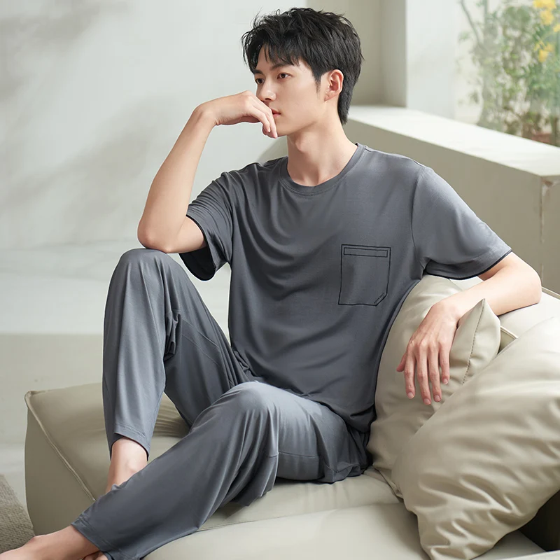 Men Pajamas Modal Round Neck Sleepwear Men Summer Home Clothes Big Yards M-3XL High Quality Young Male Grey Homewear Set