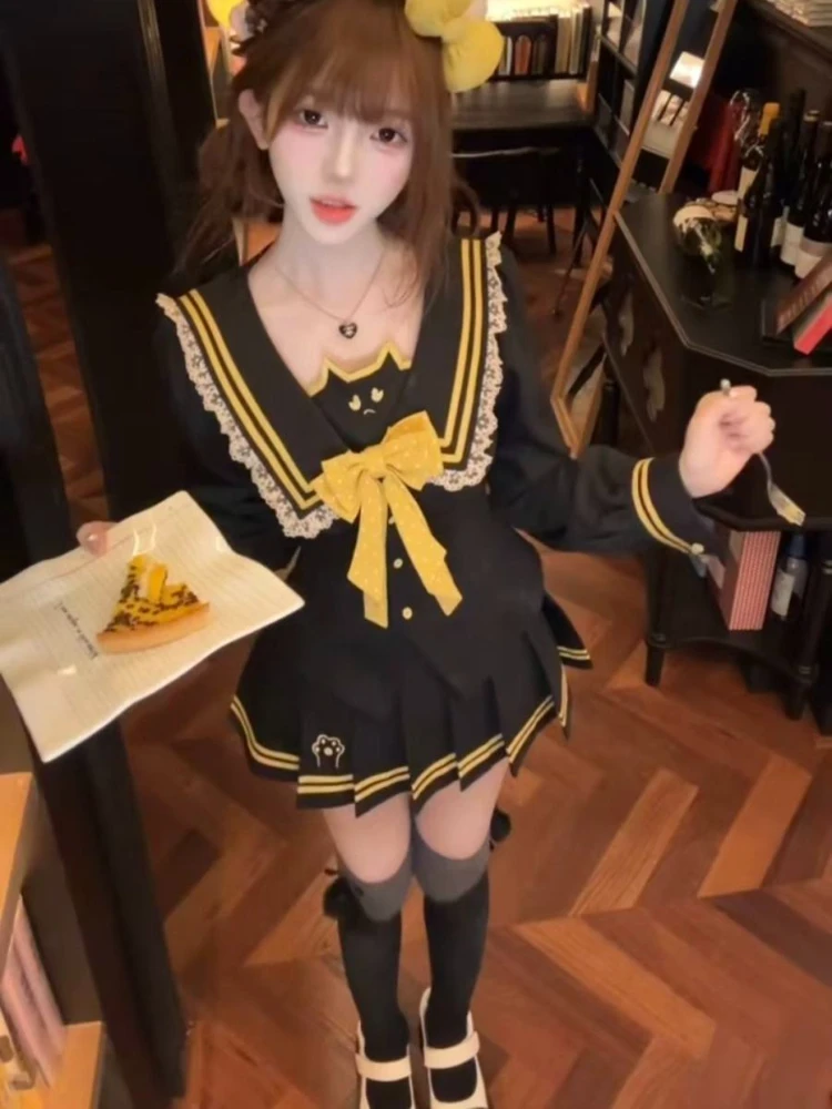 

Японский сладкий кавайный элегантный комплект из 2 предметов, женские кружевные дизайнерские топы + плиссированная мини-юбка в стиле ретро, женская шикарная корейская популярная одежда