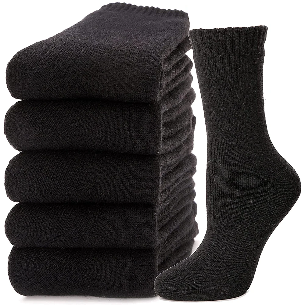 5 Pairs/set Wool Socks Women Hiking Winter Warm Thick Cozy Boot Thermal Solid Soft Sock for Ladies Crew Comfy Work Sock Men