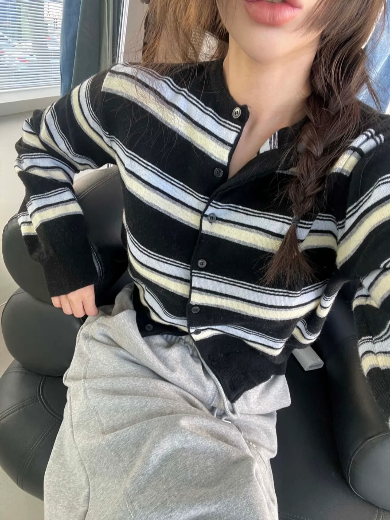 Korean Style Striped Knitwear Women's Loose Casual Long Sleeve Outerwear Open Cardigan Top Breathable Soft Fine Yarn round Neck