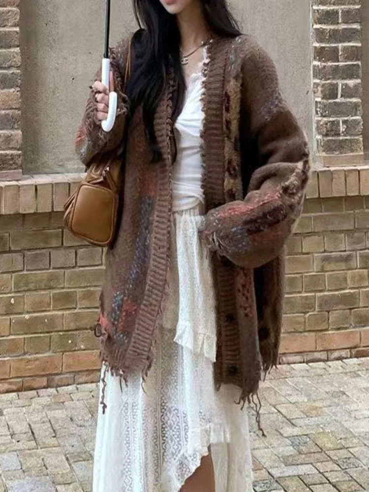 Herbst Winter Thiened Lose frauen Pullover Strickjacke Colion Farbe Leopard Print Faul Sle Gebrochene Quaste Oberbekleidung