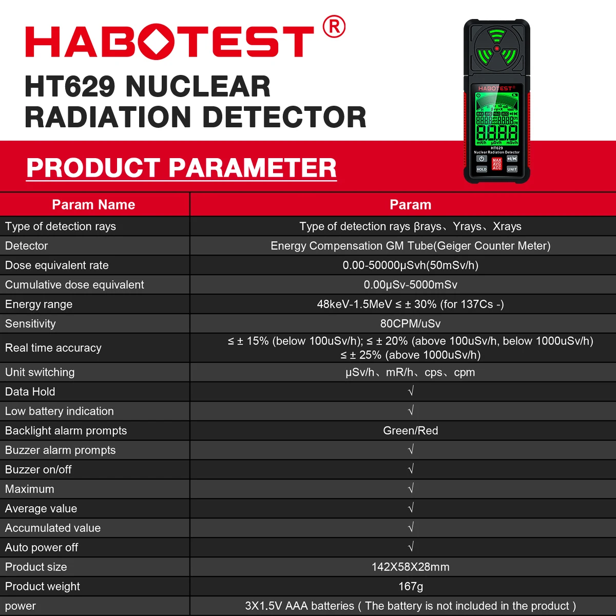 HABOTEST HT629 Nuclear Radiation Detector Geiger counter X-ray Beta Gamma Radioactivity detector for Nuclear wastewater Tester