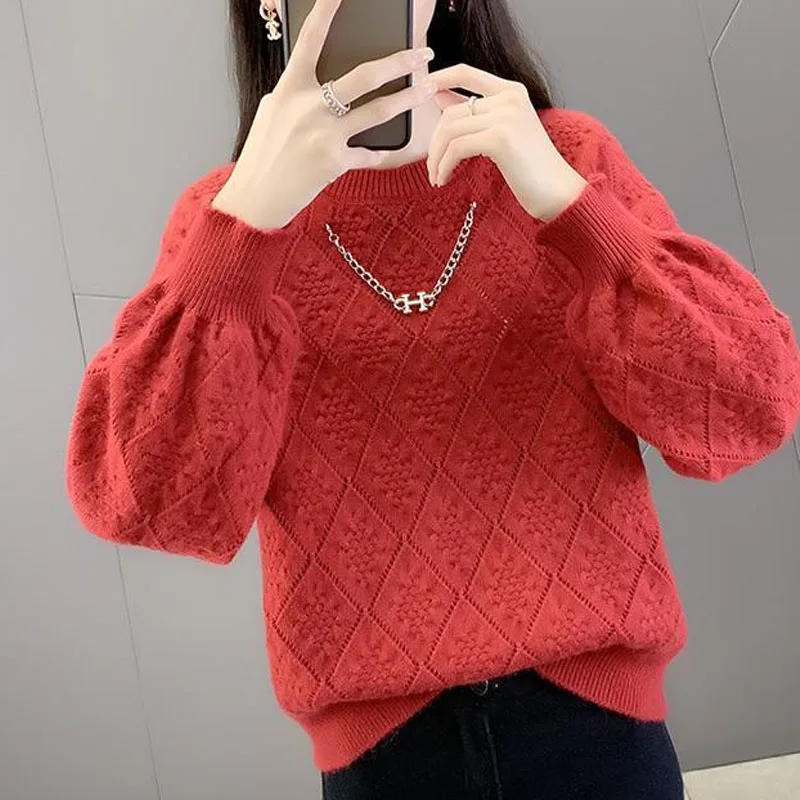 New Autumn/Winter Fashion Korean Edition Solid Jacquard Round Neck Loose and Versatile Foreigner Women\'s Long Sleeve Sweater