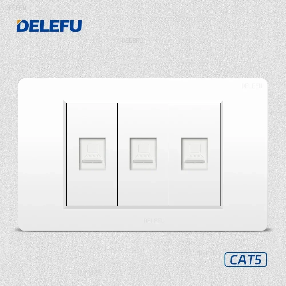 DELEFU White PC fireproof panel Italian Standard 118*74mm TEL CAT5E CAT6 TV satellite wall socket