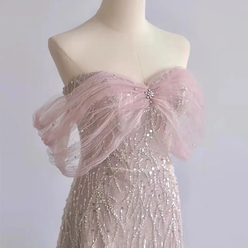 Robe de Demoiselle d\'Honneur Rose Clair, Ligne A, Perles, Paillettes, Tulle Élégant, Style Français, Robe de Soirée Formelle