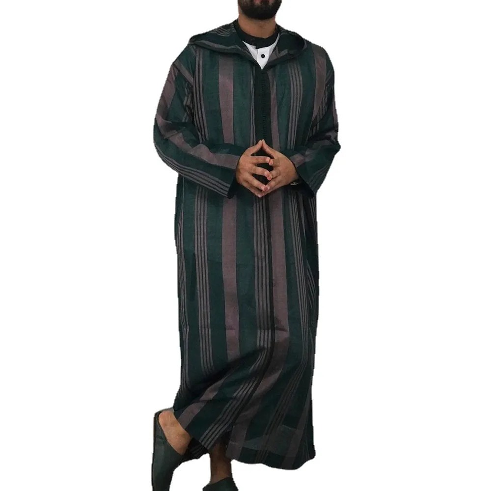 Man Striped Printed Muslim Robe Loose Large Size Mens Long Hooded Jubba Thobe