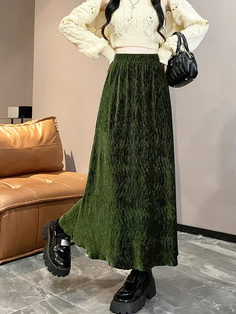 Fashion Folds Velvet Long Skirt for Women 2024 Autumn Winter Vintage Elegant Solid A Line High Waist Maxi Skirt Female Z365