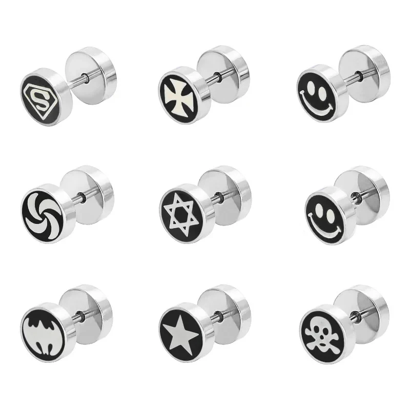 Stainless Steel Barbell Dumbbell Studs Earrings For Men Women Punk Gothic Pattern Earrings Fashion Piercing Jewelry Wholesale