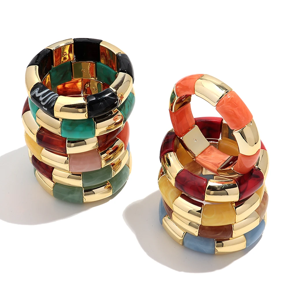 Trendy Gold Color Acrylic Beaded Bracelets for Women Men Retro Resin Curved Beads Elastic Stackable Bangle Fashion Jewelry Gift