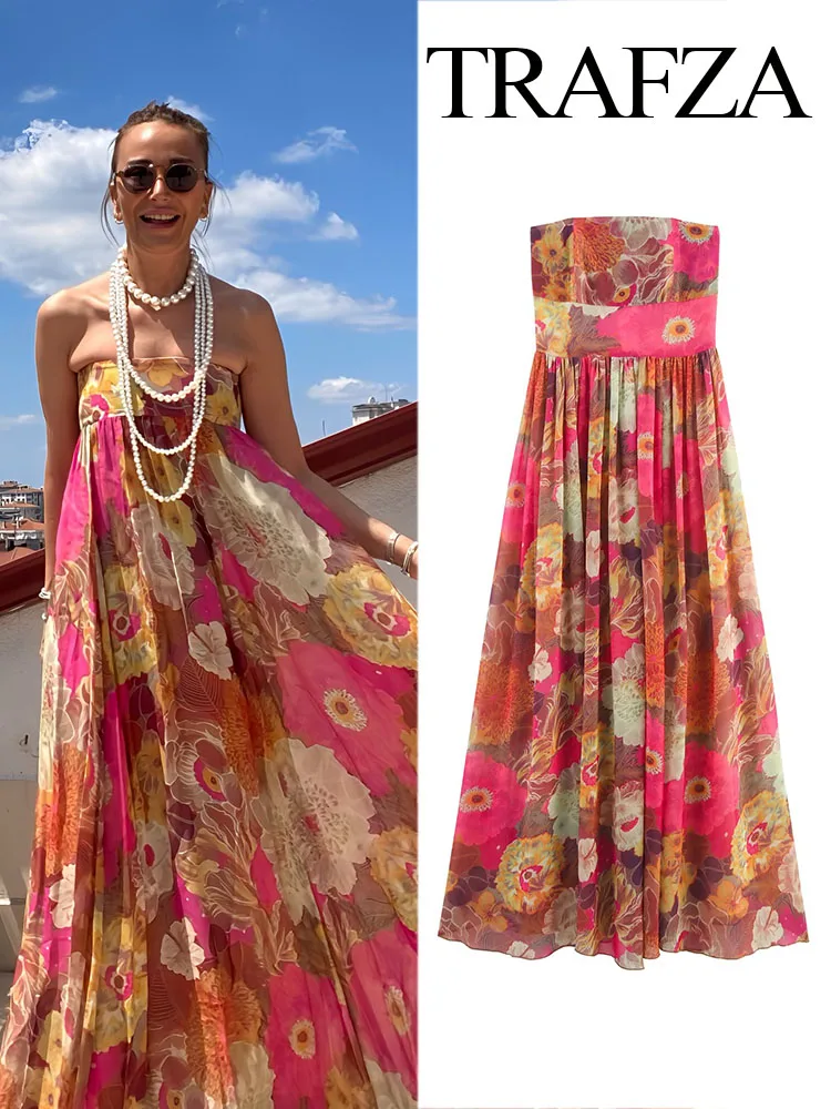 

TRAFZA Women Summer Fashion Strapless Sexy Off-Shoulder Print Dress Female Elegant Zippered Sleeveless Ankle Length Long Dress