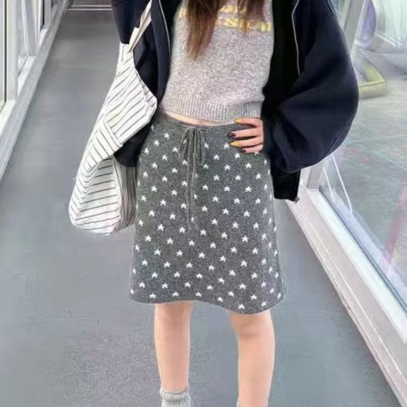 Vintage Star Knitted Mini Skirt Women Casual Drawstring A Line Gray Skirt Spring Autumn Retro Y2K High Waist All Match Skirt New