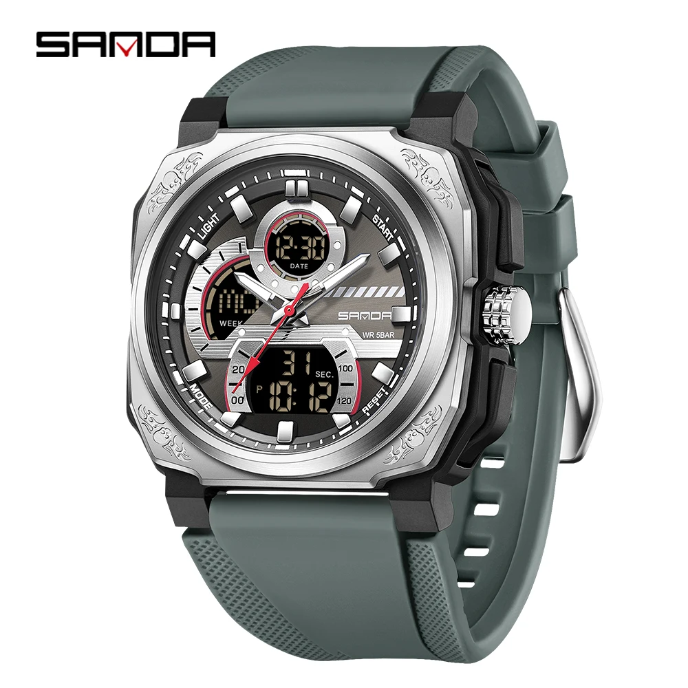 

SANDA SD3356 Мужские часы Цифровые водонепроницаемые спортивные часы с резьбой Time G Стиль обратного отсчета Светодиодные электронные кварцевые наручные часы