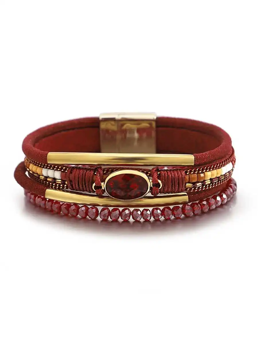 Women's Mother's Day Crystal Copper Tube Zirconia Red Leather Bracelet