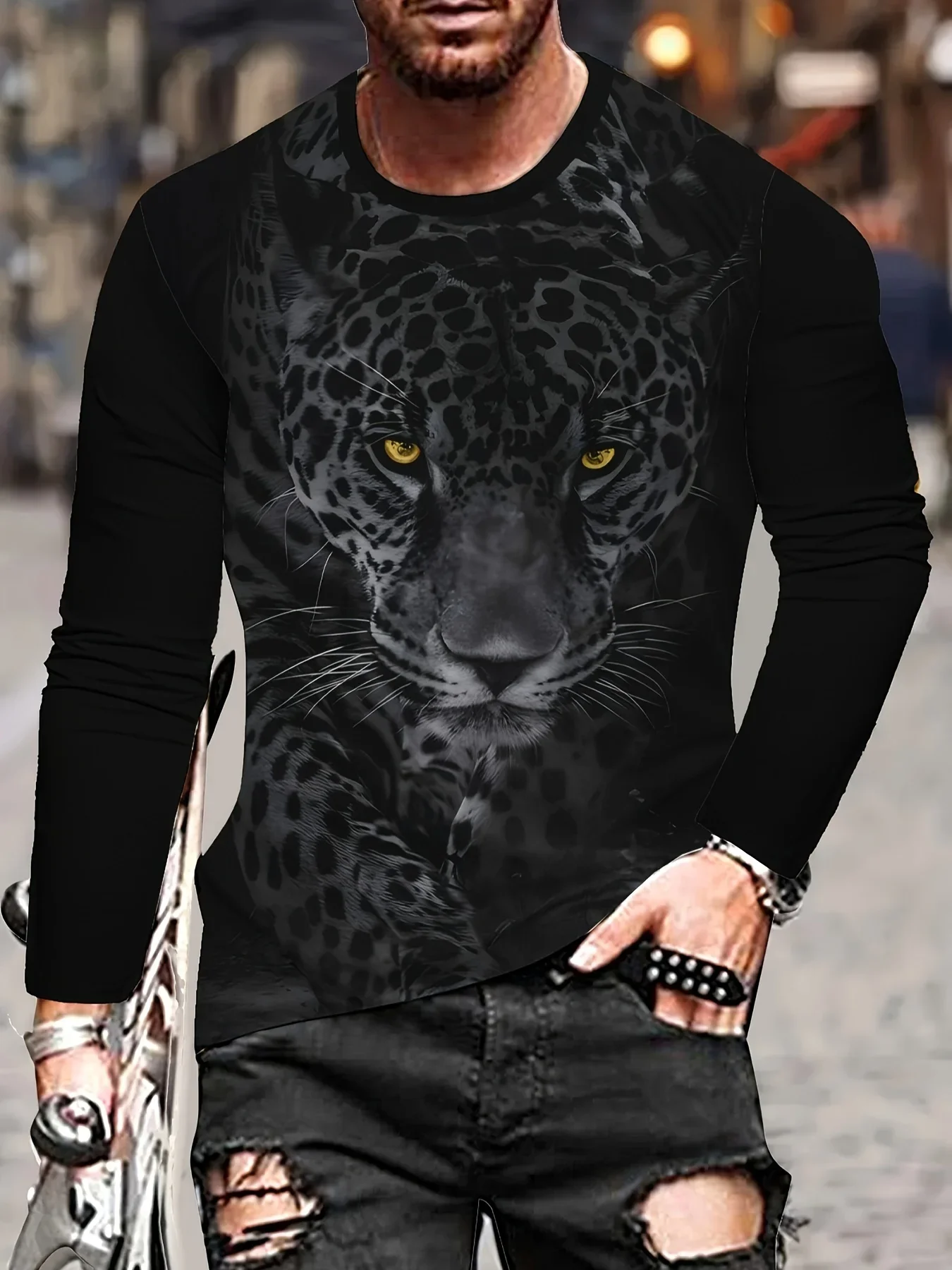 

Stylish Black and White Tiger Stripe 3D Print Men's T-shirt, Casual Autumn Animal Print Loose Long-sleeved T-shirt, Streetwear.