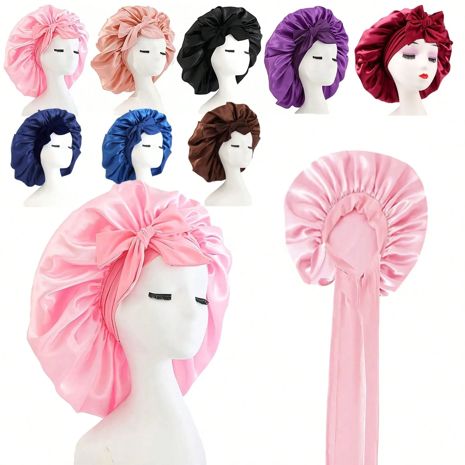Bonnet de sommeil en Satin soyeux pour femmes, nœuds papillon réglables, cheveux bouclés/naturels, soins capillaires pour la nuit, Bonnet essentiel, Bonnet de douche