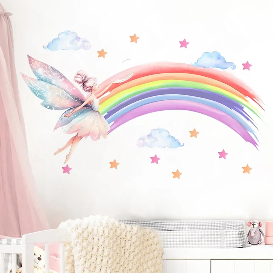 Cartoon Elf Girl Rainbow Wall Sticker Girls Room Cloud Elf Wall Sticker Children\'s Bedroom Decor Wallpaper Self-adhesive Decals