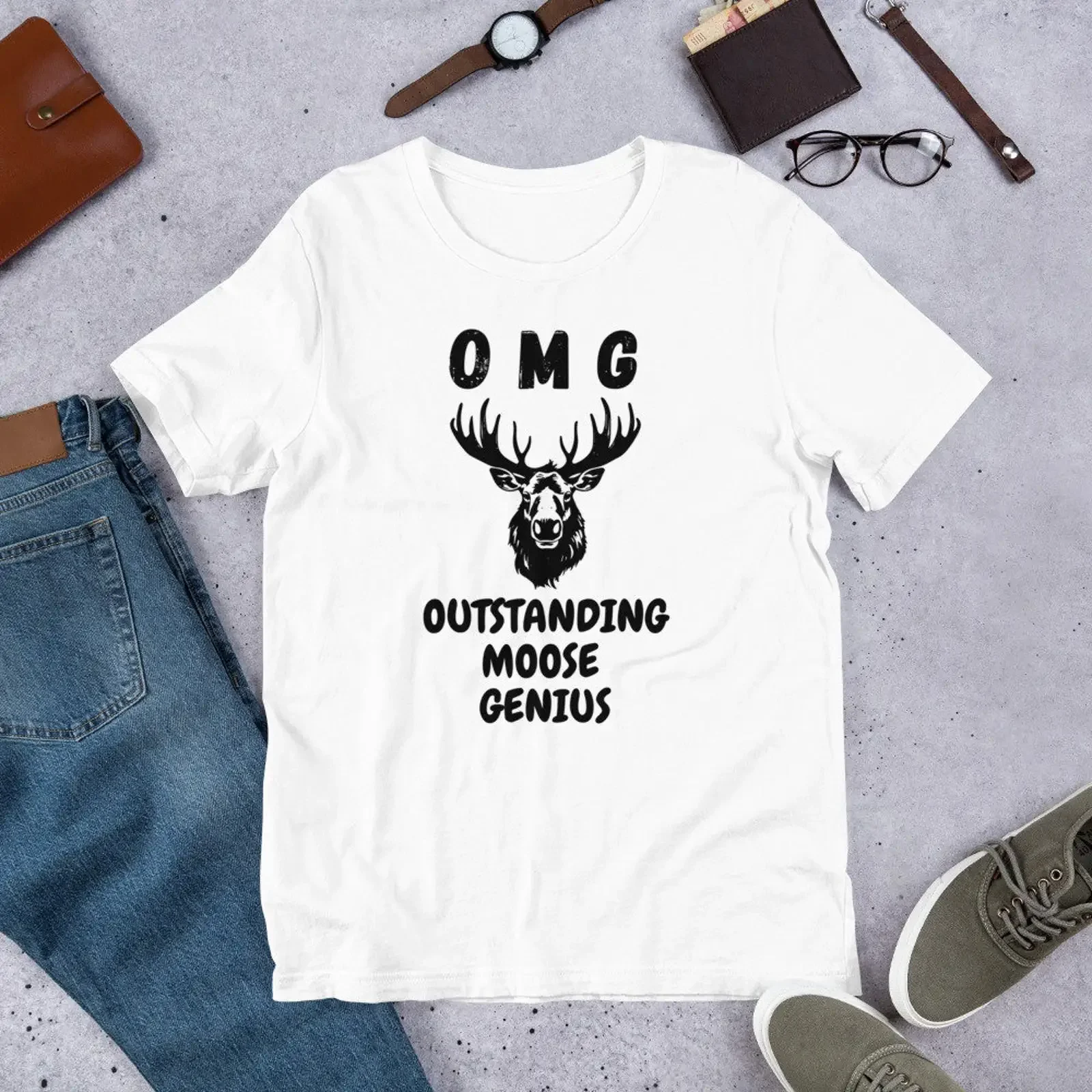 OMG Outstanding Moose Genius T Shirt Funny Animal vintage Washed streetwear homme Stretched Soft Unisex fashion Slightly