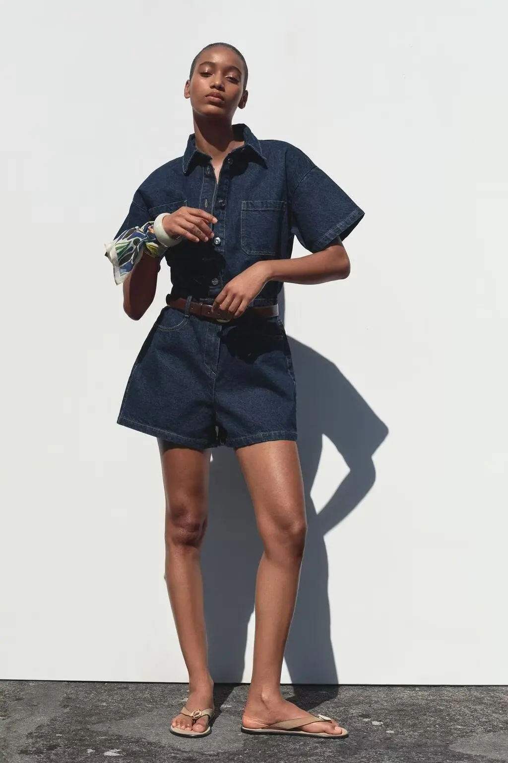 

Summer New Women's ort Sve Turn-down Collar Denim Overalls High Waist Straight Leg ort Length One-piece Suit 008027