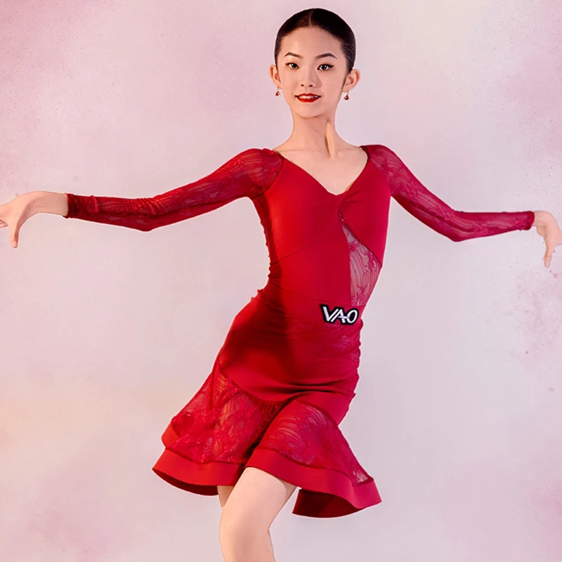 

Красное кружевное платье для латинских танцев, новинка 2025 года, одежда для соревнований для девочек, сценический наряд для ча-ча, сальсы, детская одежда для латинских танцев, боди, костюм 2670