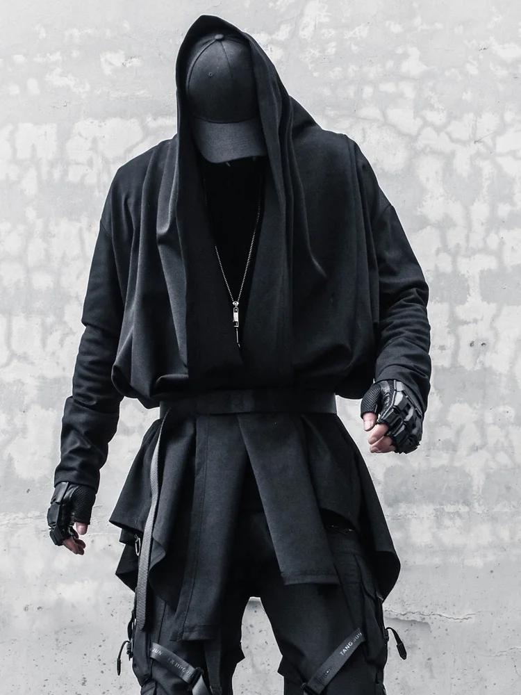 Gothic Style Long Cardigan Coat Men's Spring Autumn Fashion Urban Knitted Loose Fit Asymmetric Hair Stylist Coat Dark Series