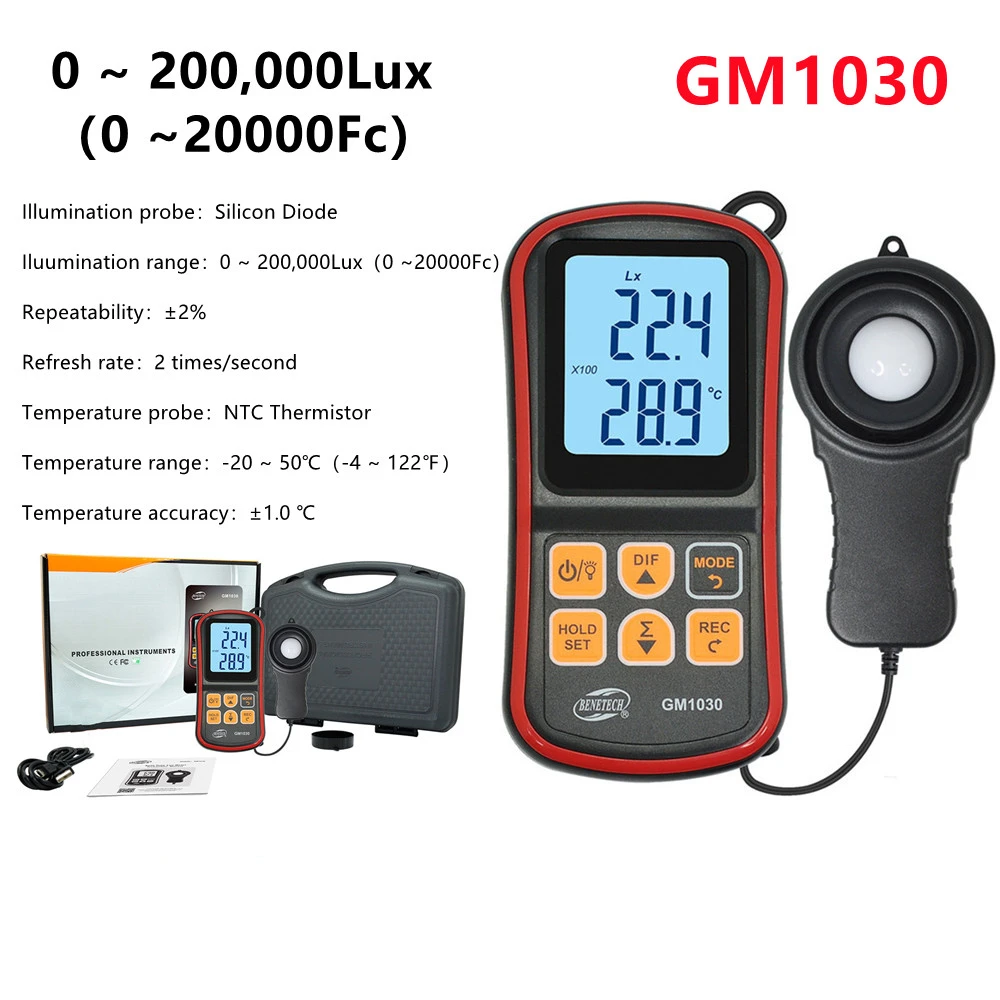 GM1030 Digital Split Lux Meter Light Meter 0~200000 Lux Luxometer Instrument Illuminance Tester LCD Light Meter Photometer